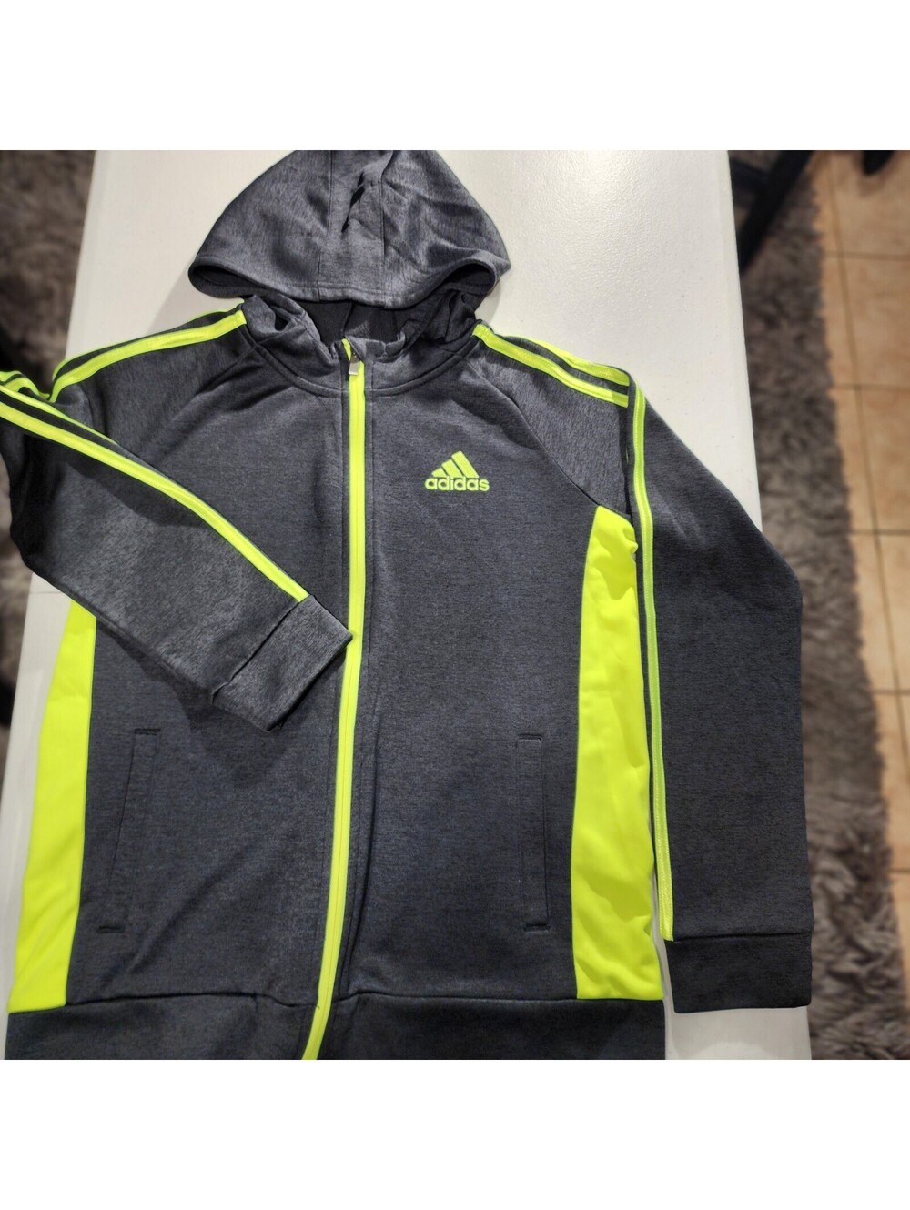 adidas Boys Track Jacket Hooded Full Zip Gray Yellow 100% Polyester 14/16